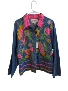 Tantrums Vintage Deadstock Blue Denim Satin Floral Button Up Shirt Jacket Size L
